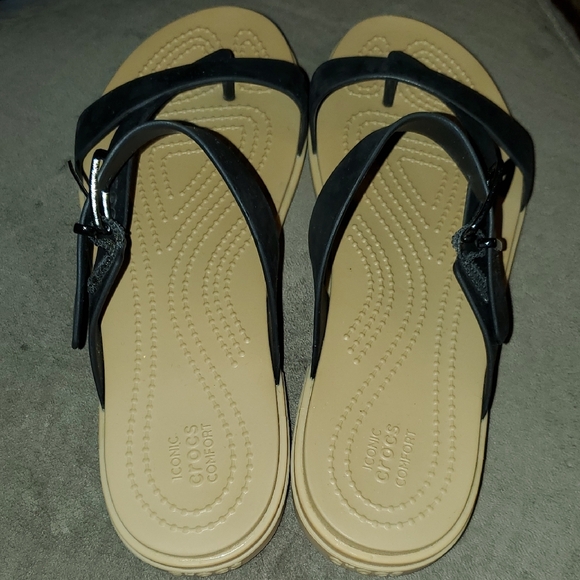 CROCS Black Strappy Sandals with Tan Sole - Picture 3 of 4